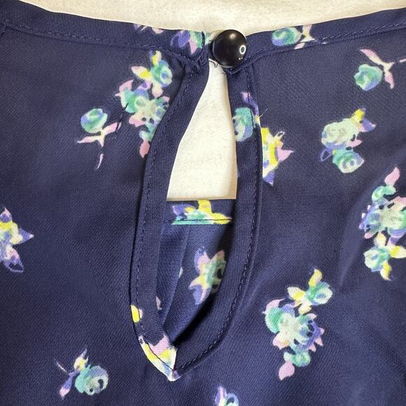 LC Lauren‎ Conrad Women's Large Navy Blue Floral Pattern Shirt Sheer Top Blouse - Picture 7 of 9